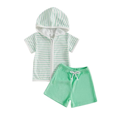 Short Sleeve Striped Hooded Toddler Set Green 9-12 M