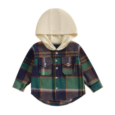 Long Sleeve Plaid Hooded Toddler Shirt Green 9-12 M
