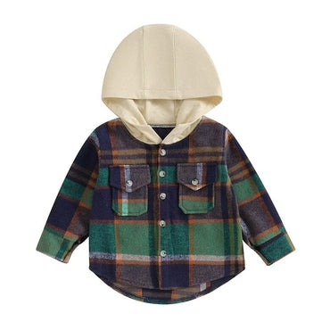 Long Sleeve Plaid Hooded Toddler Shirt Green 9-12 M