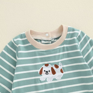 Long Sleeve Striped Puppy Baby Jumpsuit