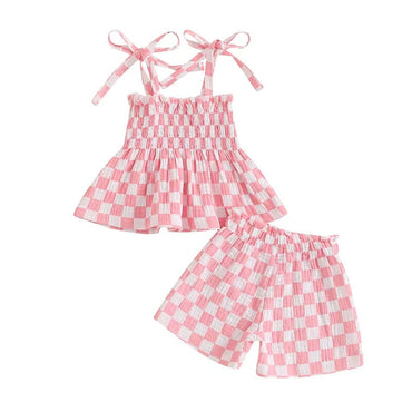 Tie Straps Checkered Toddler Set Pink 6-9 M