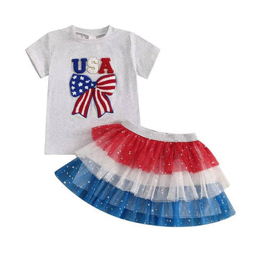 Short Sleeve USA Bow Skirt Toddler Set White 12-18 M