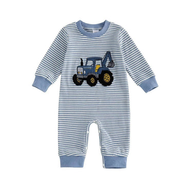 Long Sleeve Tractor Striped Baby Jumpsuit Blue 0-3 M