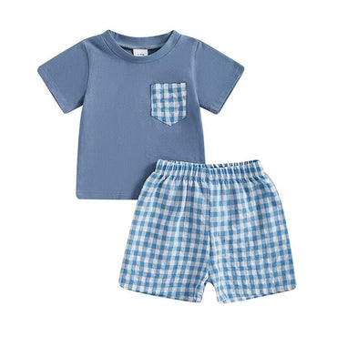 Short Sleeve Plaid Pocket Baby Set Blue 3-6 M