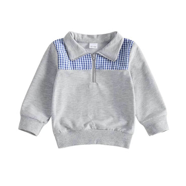 Long Sleeve Collar Gingham Toddler Sweatshirt Gray 12-18 M