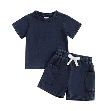 Short Sleeve Solid Short Pockets Baby Set Blue 3-6 M