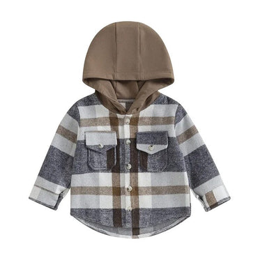 Long Sleeve Plaid Hooded Toddler Shirt Brown 9-12 M