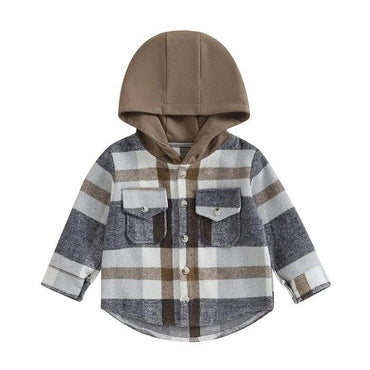 Long Sleeve Plaid Hooded Toddler Shirt Brown 9-12 M