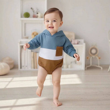 Long Sleeve Color Block Hooded Baby Jumpsuit
