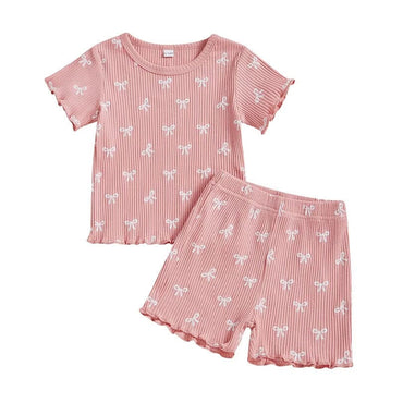 Short Sleeve Ribbed Bows Toddler Set Pink 9-12 M