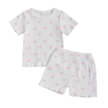 Short Sleeve Ribbed Bows Toddler Set White 9-12 M