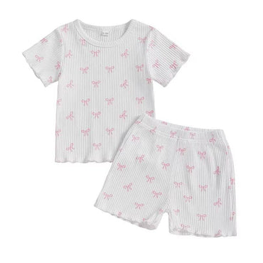 Short Sleeve Ribbed Bows Toddler Set White 9-12 M
