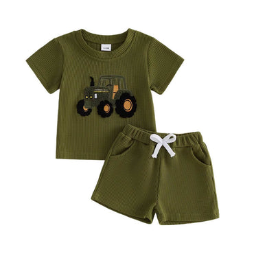 Short Sleeve Tractor Waffle Toddler Set Green 9-12 M