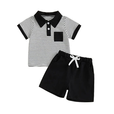 Short Sleeve Striped Collar Toddler Set Black 12-18 M