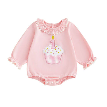 Long Sleeve Birthday Cupcake Baby Bodysuit Pink 9-12 M