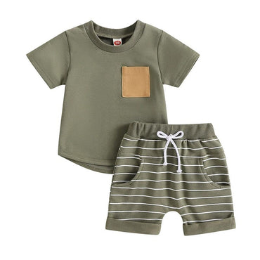 Short Sleeve Striped Shorts Toddler Set Green 3-6 M