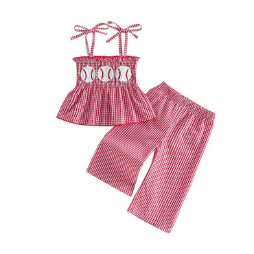Tie Shoulder Checkered Baseball Toddler Set