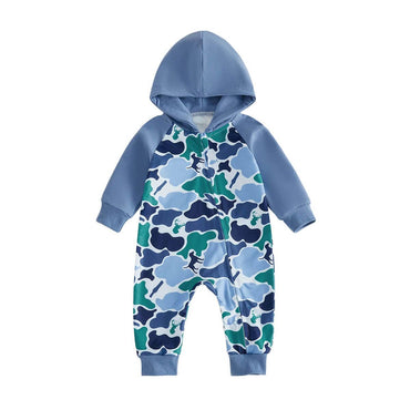 Long Sleeve Hooded Camo Zipped Baby Jumpsuit Blue 0-3 M
