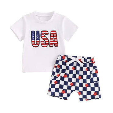 Short Sleeve USA Checkered Shorts Baby Set