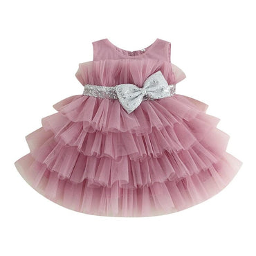Sparkly Silver Bow Tulle Toddler Dress Pink 2T