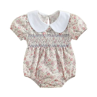 Short Sleeve Floral Collar Baby Romper Beige 0-3 M