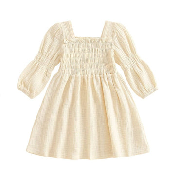 Bubble Sleeve Solid Smocked Toddler Dress Beige 12-18 M