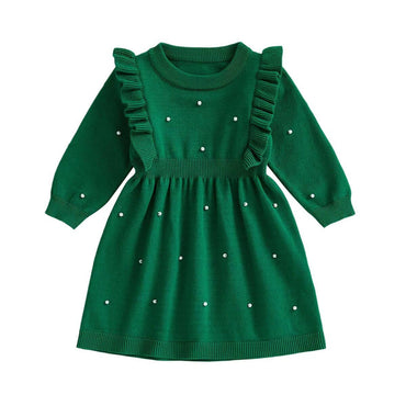Long Sleeve Green Ruffled Knit Toddler Dress