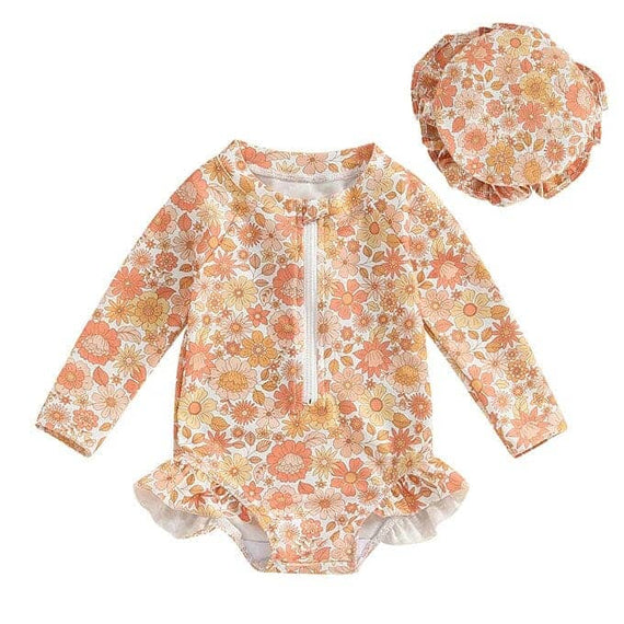 Long Sleeve Zipper Floral Toddler Swimsuit