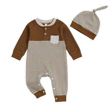 Long Sleeve Striped Waffle Baby Jumpsuit Brown 0-3 M