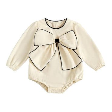 Long Sleeve Bow Baby Romper Beige 0-3 M
