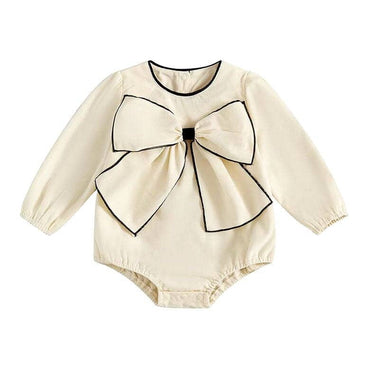Long Sleeve Bow Baby Romper Beige 0-3 M