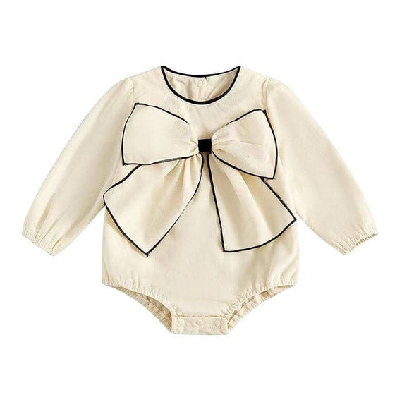Long Sleeve Bow Baby Romper Beige 0-3 M