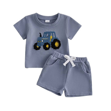 Short Sleeve Tractor Waffle Toddler Set Blue 9-12 M