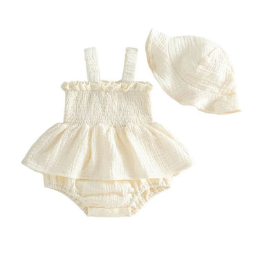 Sleeveless Solid Smocked Baby Romper Beige 3-6 M