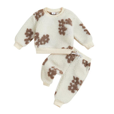 Long Sleeve Floral Fuzzy Baby Set Beige 3-6 M