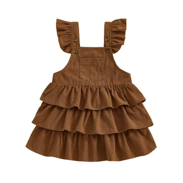 Fly Sleeve Solid Corduroy Ruffled Toddler Dress Brown 9-12 M