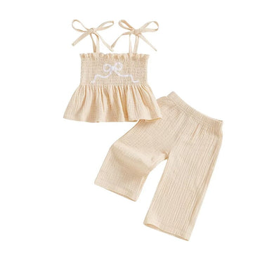 Smocked Peplum Top Bow Baby Set Beige 6-9 M
