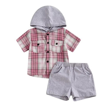 Short Sleeve Hooded Plaid Toddler Set
