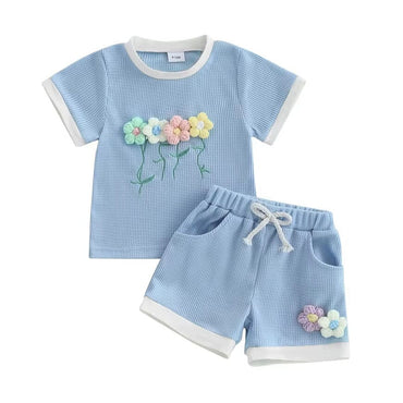 Short Sleeve Waffle Flowers Toddler Set Blue 9-12 M