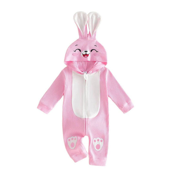 Long Sleeve Zipper Hooded Bunny Baby Jumpsuit Pink 0-3 M