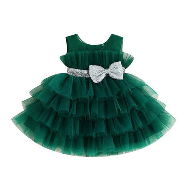 Sparkly Silver Bow Tulle Toddler Dress Green 2T