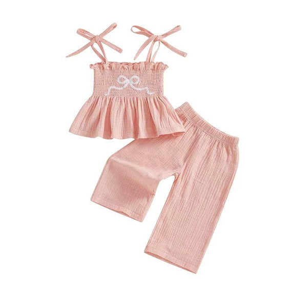 Smocked Peplum Top Bow Baby Set Pink 6-9 M