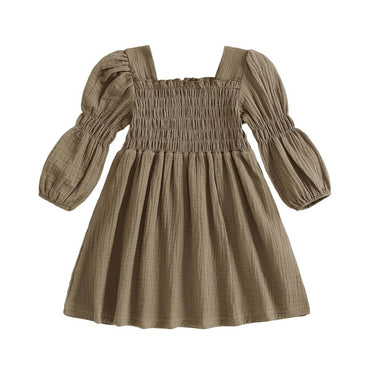 Bubble Sleeve Solid Smocked Toddler Dress Khaki 12-18 M