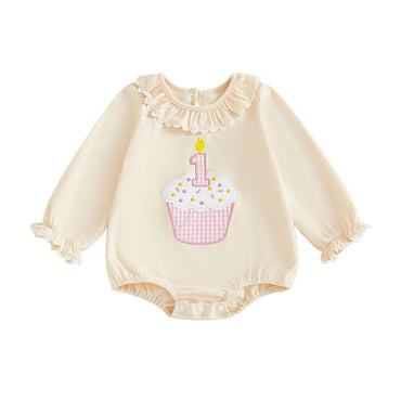 Long Sleeve Birthday Cupcake Baby Bodysuit Beige 12-18 M