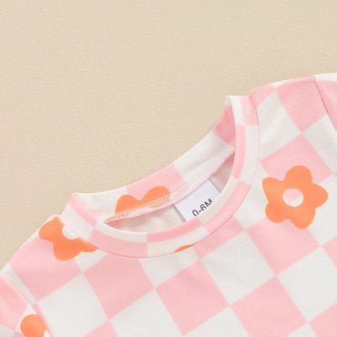 Short Sleeve Floral Checkered Toddler Set
