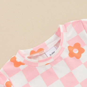 Short Sleeve Floral Checkered Toddler Set