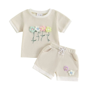 Short Sleeve Waffle Flowers Toddler Set Beige 9-12 M