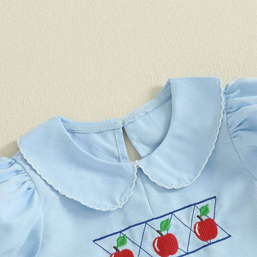 Puff Sleeve Blue Collar Apple Toddler Dress
