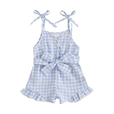 Sleeveless Checkered Ruffles Toddler Romper Blue 12-18 M