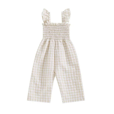 Smocked Checkered Toddler Jumpsuit Beige 9-12 M